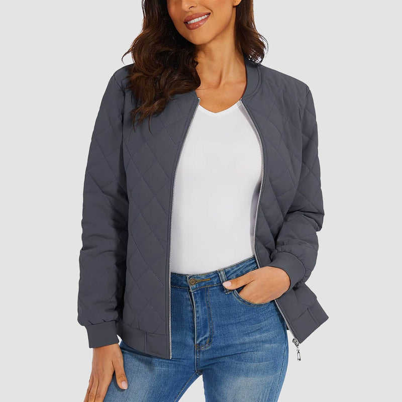 Women's Quilted Bomber Jacket with 2 Zip Pockets 19