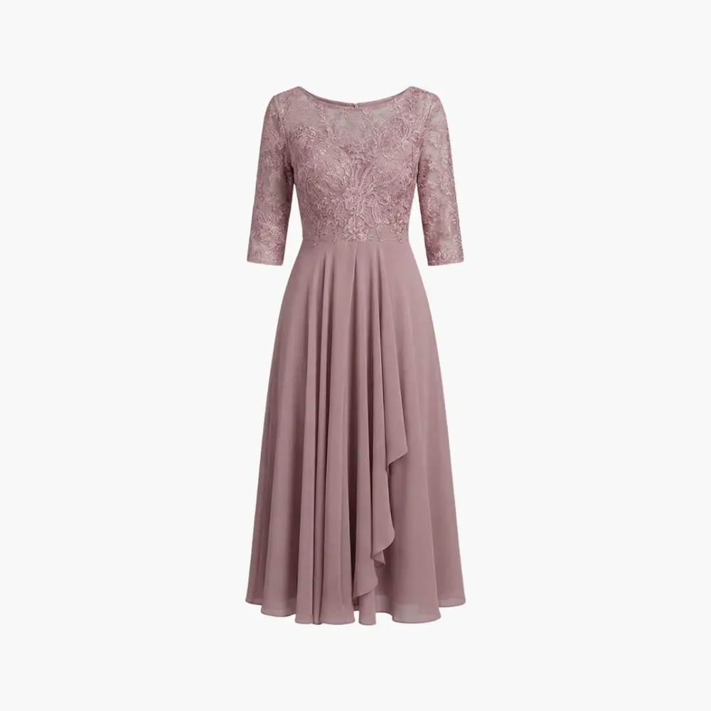 Women's High-Waist Midi Dress – Round Neck, Short Sleeves & Rear Zipper