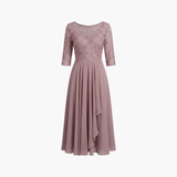 Women's High-Waist Midi Dress – Round Neck, Short Sleeves & Rear Zipper