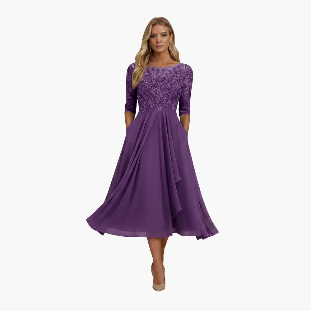 Women's High-Waist Midi Dress – Round Neck, Short Sleeves & Rear Zipper