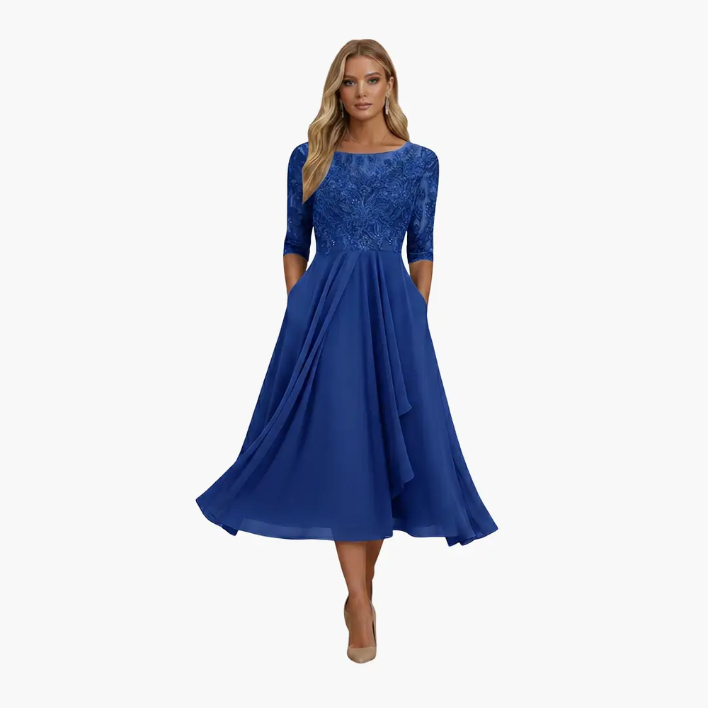 Women's High-Waist Midi Dress – Round Neck, Short Sleeves & Rear Zipper