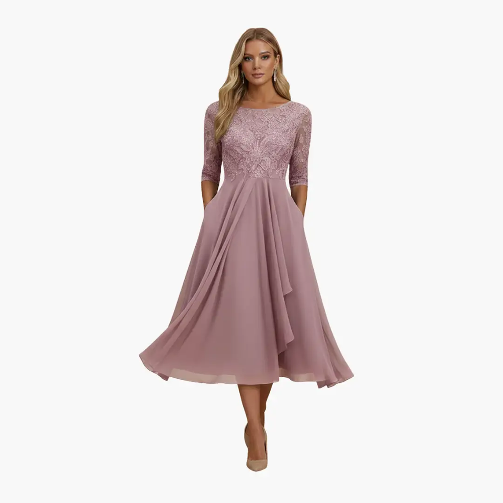 Women's High-Waist Midi Dress – Round Neck, Short Sleeves & Rear Zipper