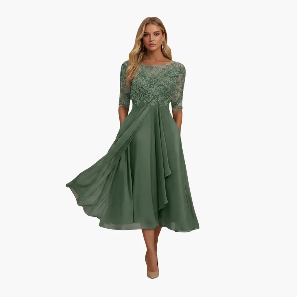 Women's High-Waist Midi Dress – Round Neck, Short Sleeves & Rear Zipper