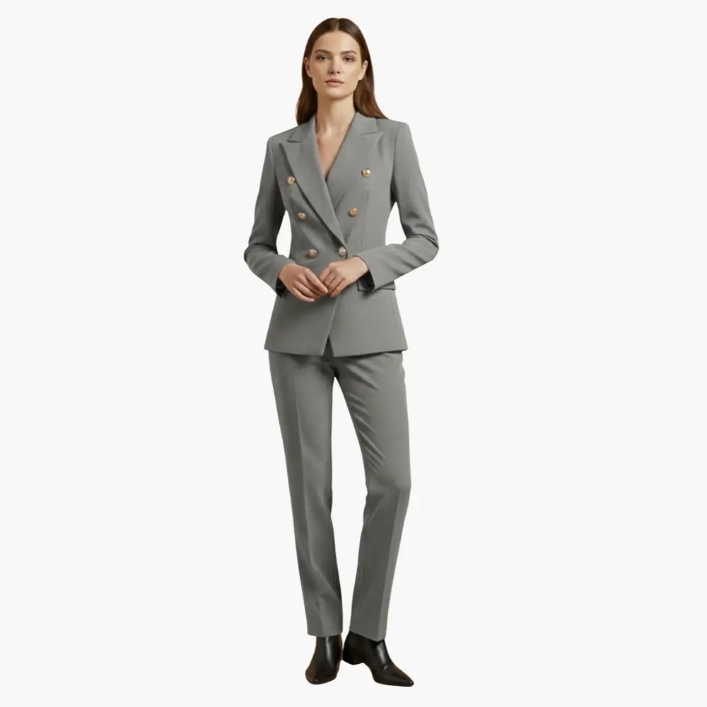 Women's Two-Piece Suit Set – Blazer, Slim Pants & Notched Lapel Collar