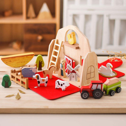 Wooden Farm Toy Set – Toddler-Friendly, Portable & Barn-Shaped Case