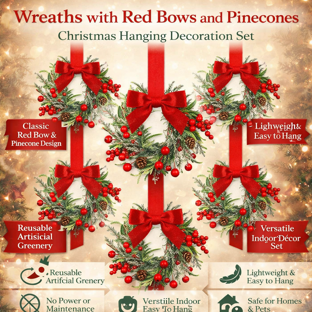 Christmas Wreath Hanging Red Bow Pinecone Holiday Decor