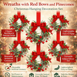 Christmas Wreath Hanging Red Bow Pinecone Holiday Decor