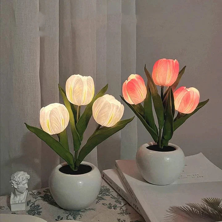 Stilvolle Tulpen-LED-Tischlampe im Keramiktopf – Warmes Dekorlicht für Gemütliche Atmosphäre