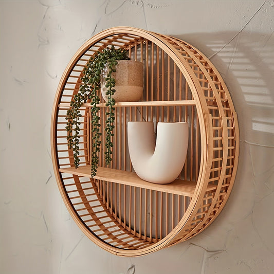 Wall Shelf – Round Bamboo Design, Handmade Boho Style & Floating Organizer