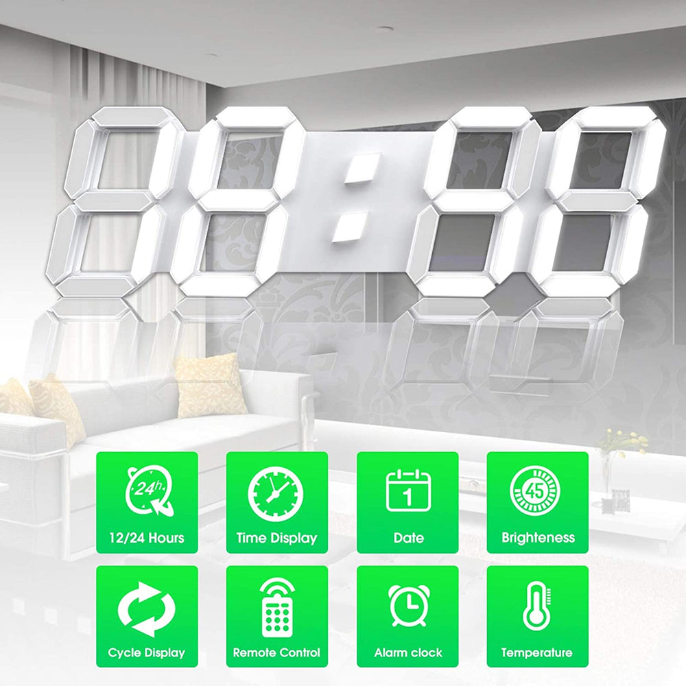 3D LED Digital Wall Clock – 38cm, Remote Control & Temperature Display