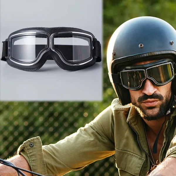 Vintage Motorcycle Goggles – Polycarbonate Lens, Fits Over Glasses & Adjustable Strap