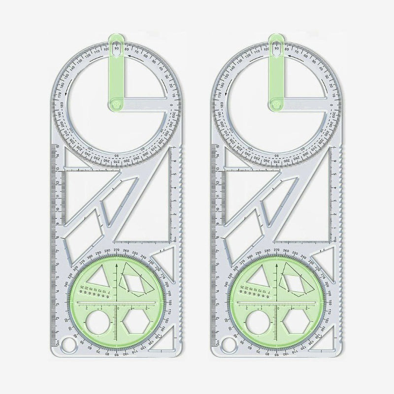 Geometry Ruler with Protractor – Transparent PP, Rotating Angle & Shape Stencils