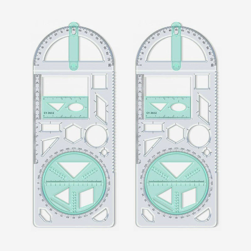 Geometry Ruler with Protractor – Transparent PP, Rotating Angle & Shape Stencils
