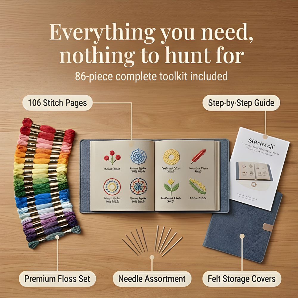 Embroidery Starter Kit – 106 Patterns, Bamboo Hoop & 86-Piece Accessory Set