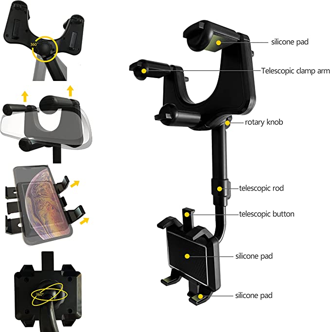 Rearview Mirror Phone Mount – 360° Rotating, Extendable & Fits Phones up to 16.5cm