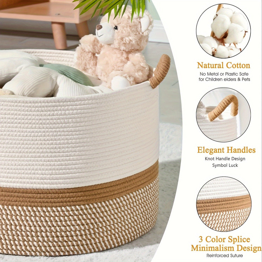 Boho Cotton Storage Basket – Woven Rope Handles, 35×40cm & Cream Striped Design