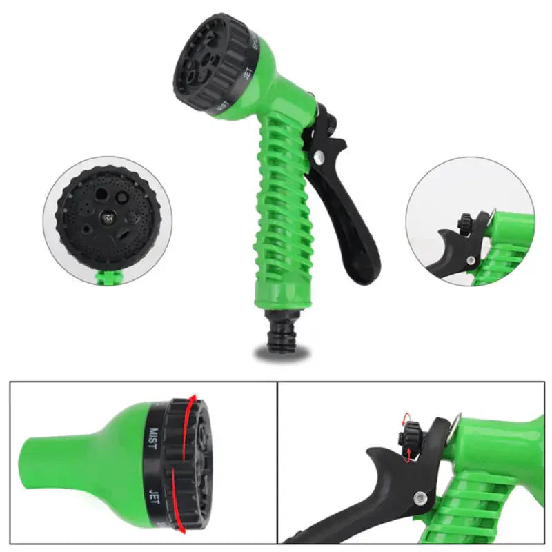 Expandable Garden Hose with 7-Function Spray Nozzle – 3x Stretch, Green & Standard Fittings