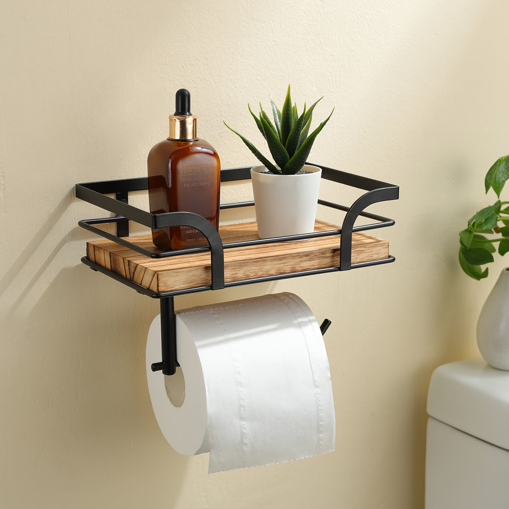 Stylish Metal & Wood Wall Shelf with Toilet Paper Holder – Modern Bathroom Storage Solution