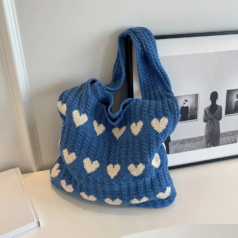 Knitted Shopping Tote Bag – Heart Pattern, Foldable & Lightweight