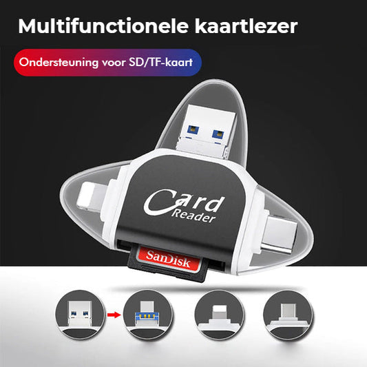 4-in-1 Memory Card Reader – USB, USB-C, Micro-USB & Lightning, SD & MicroSD