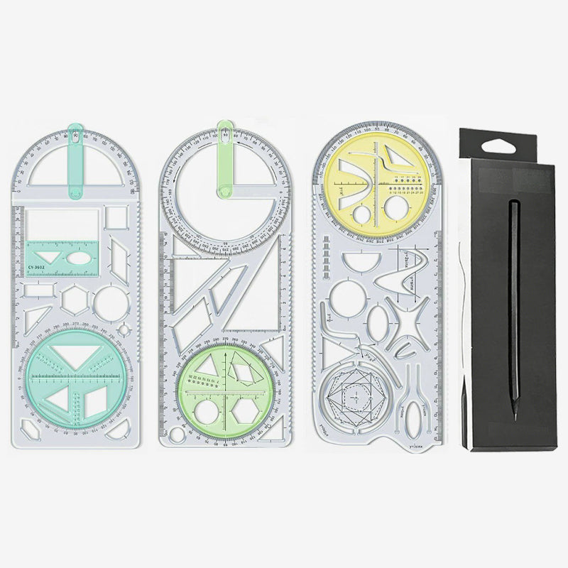 Geometry Ruler with Protractor – Transparent PP, Rotating Angle & Shape Stencils