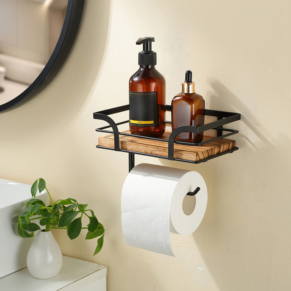 Stylish Metal & Wood Wall Shelf with Toilet Paper Holder – Modern Bathroom Storage Solution