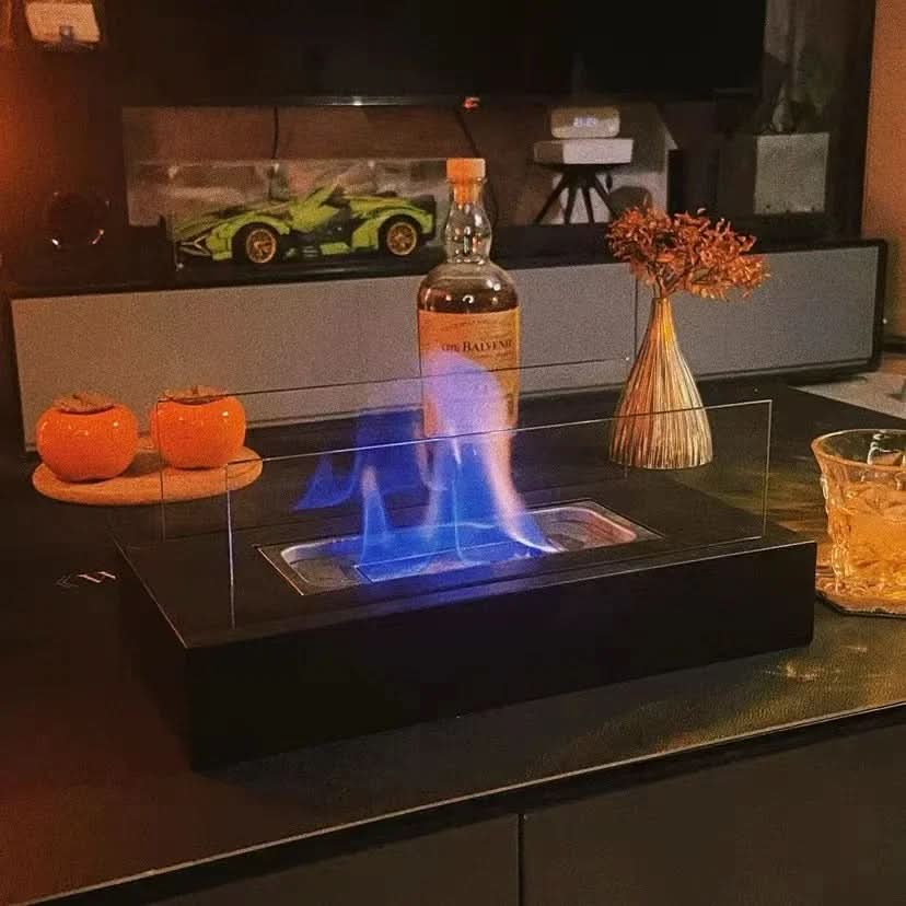 Bio-Ethanol Table Fireplace – Tempered Glass & Steel, 28×14×14 cm, Smokeless Flame
