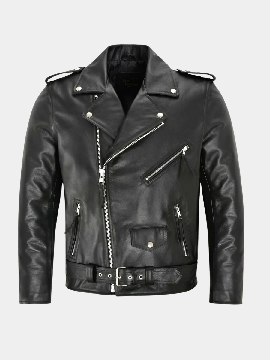 Men's zip-up leather jacket, view 1