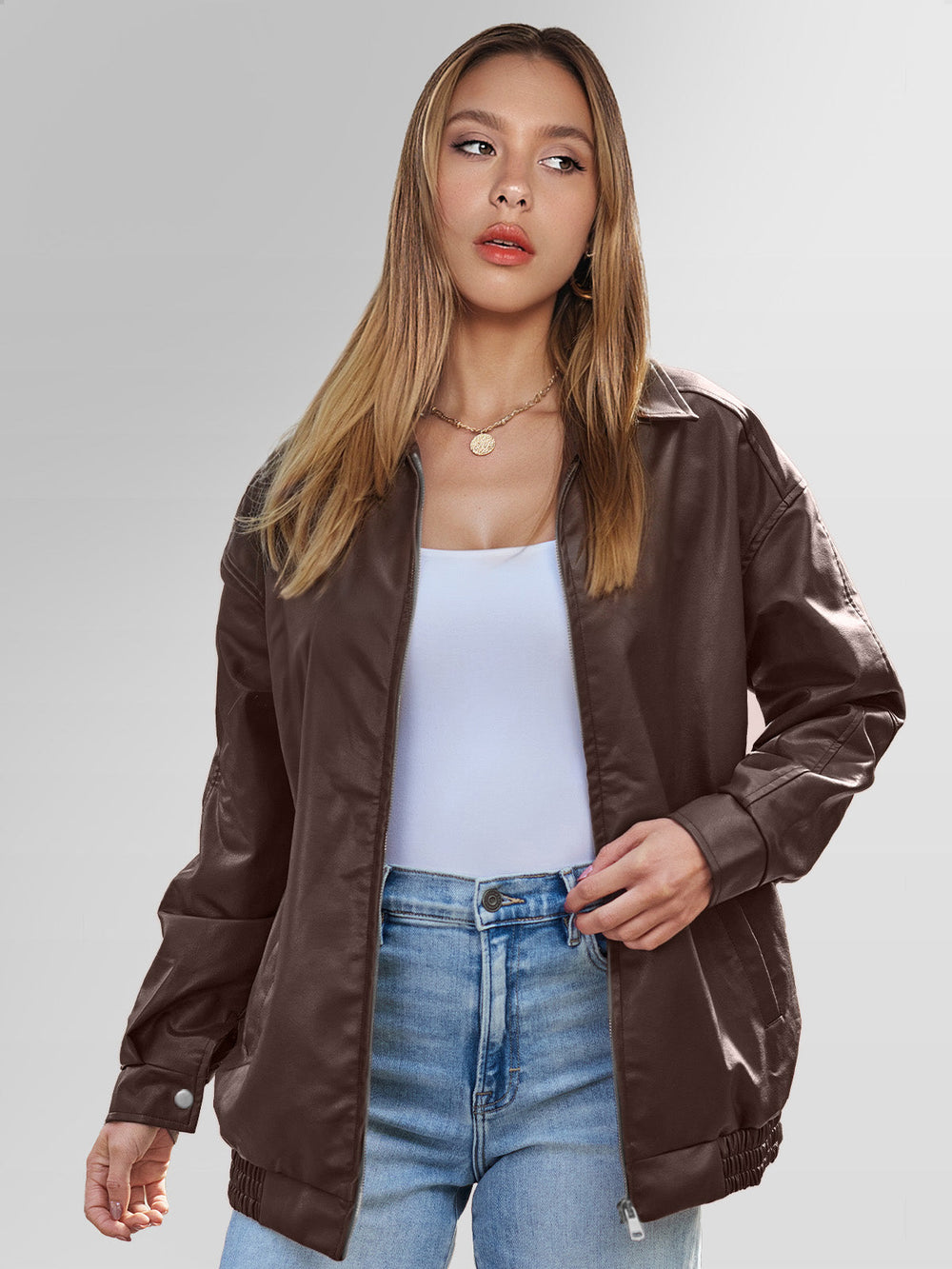 Women's oversized leather jacket, view 2