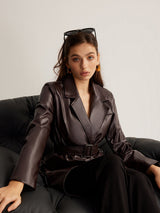 Women's belted leather jacket, view 4