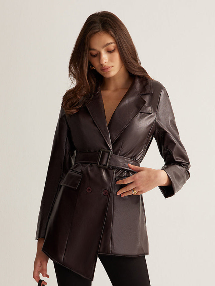 Women's belted leather jacket, view 6