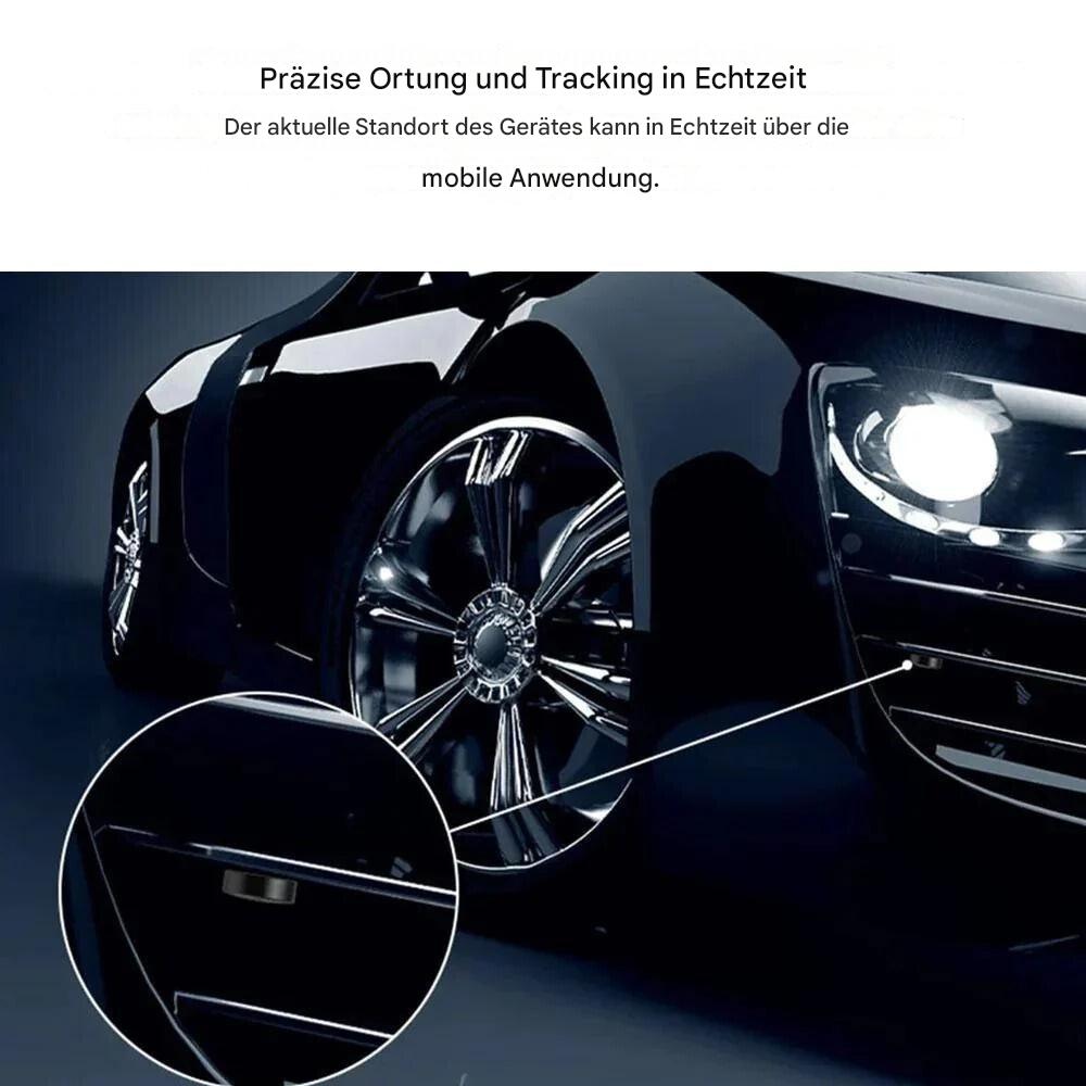 Black car with shiny rims, close-up, precise real-time location and tracking.
