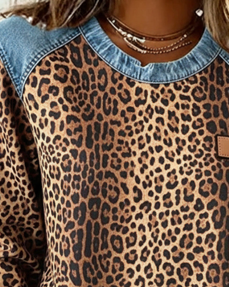 Optimized Product Title: "Leopard Print Denim Patchwork Pullover for Women - Stylish Casual Sweater" 

This title includes relevant keywords for better visibility while providing a clear description of the product.