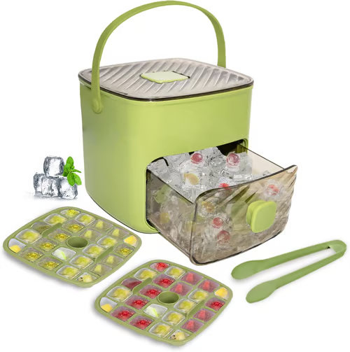Ice Cube Tray with Lid & Storage Bin – Easy-Release, 48 Cubes, with Tongs