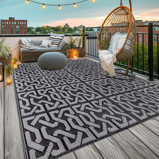 Reversible Outdoor Area Rug – Black & Grey Colorway, Modern Patio Style