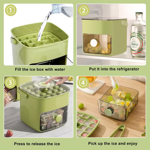 Ice Cube Tray with Lid & Storage Bin – Easy-Release, 48 Cubes, with Tongs