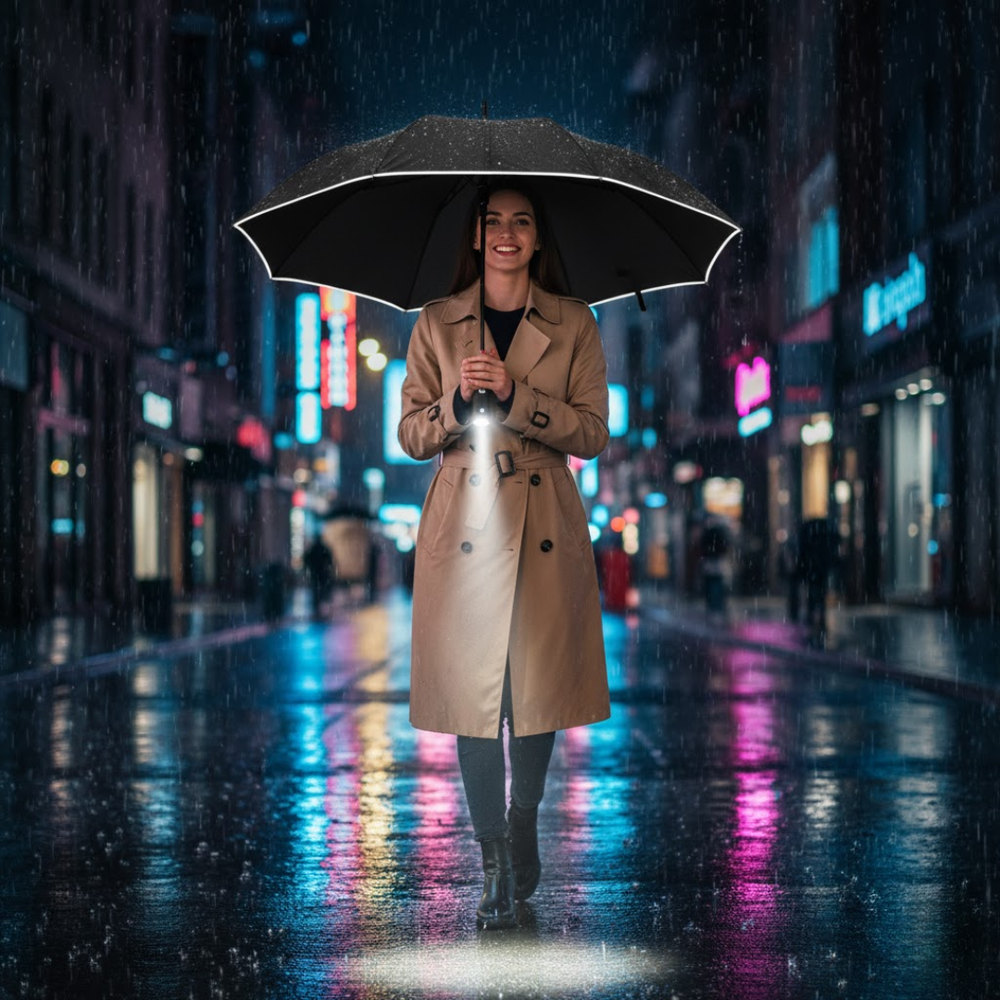 Windproof LED Umbrella – Automatic Open/Close, 105cm & Rechargeable Battery