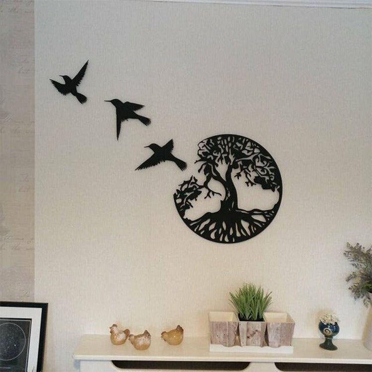 Tree of Life Metal Wall Art – Black Steel, Ø29cm & Bird Family Design