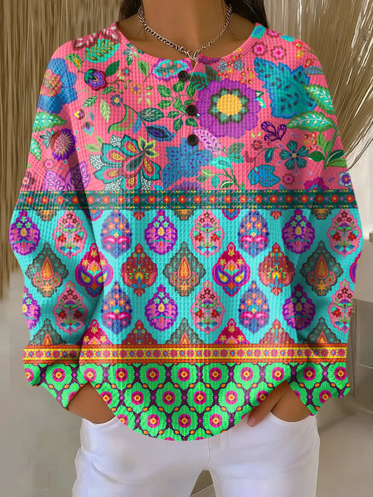 Ethnic Floral Stripe Sweater | Stylish Women's Knitwear for Cozy Comfort