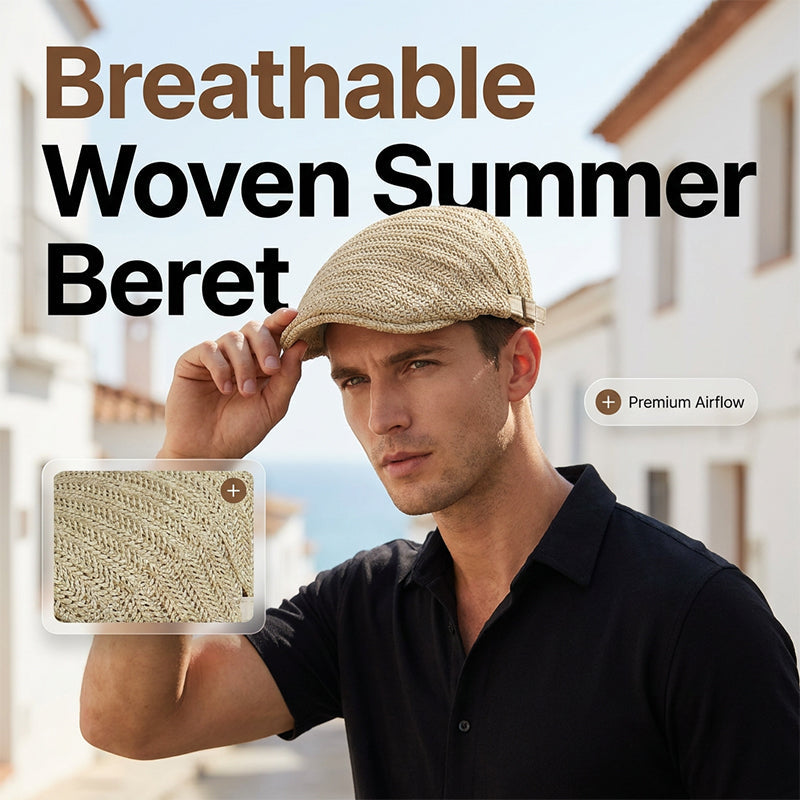 Men's Summer Flat Cap – Breathable Herringbone, Adjustable 55–59cm, UV Protection