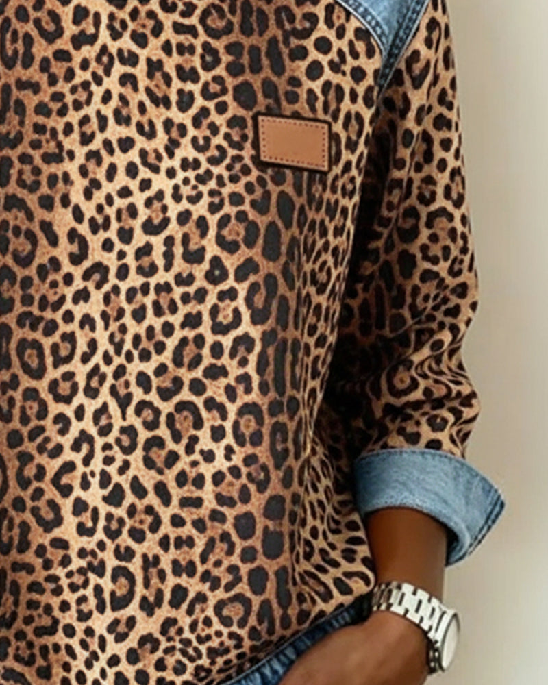 Optimized Product Title: "Leopard Print Denim Patchwork Pullover for Women - Stylish Casual Sweater" 

This title includes relevant keywords for better visibility while providing a clear description of the product.