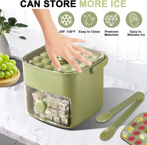 Ice Cube Tray with Lid & Storage Bin – Easy-Release, 48 Cubes, with Tongs