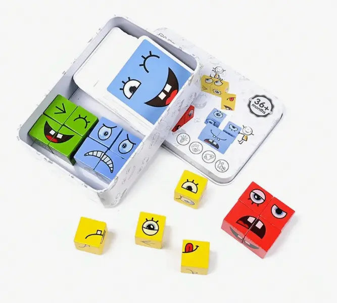 3D Wooden Face Puzzle – 16 Cubes, 64 Expression Cards & Bell