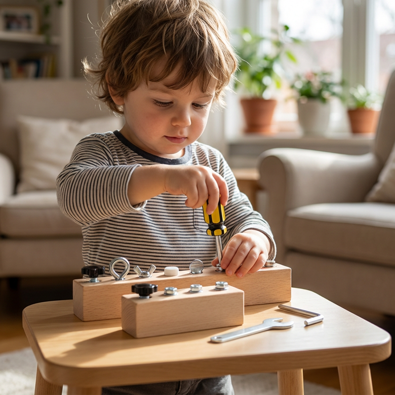 Holz Schraubbrett für Kinder – 8 verschiedene Befestiger für kreatives Lernen und Spiel