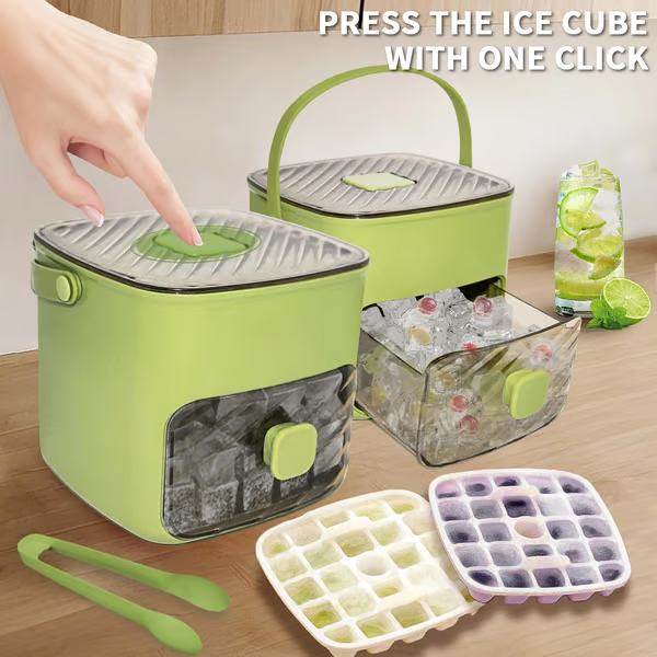 Ice Cube Tray with Lid & Storage Bin – Easy-Release, 48 Cubes, with Tongs