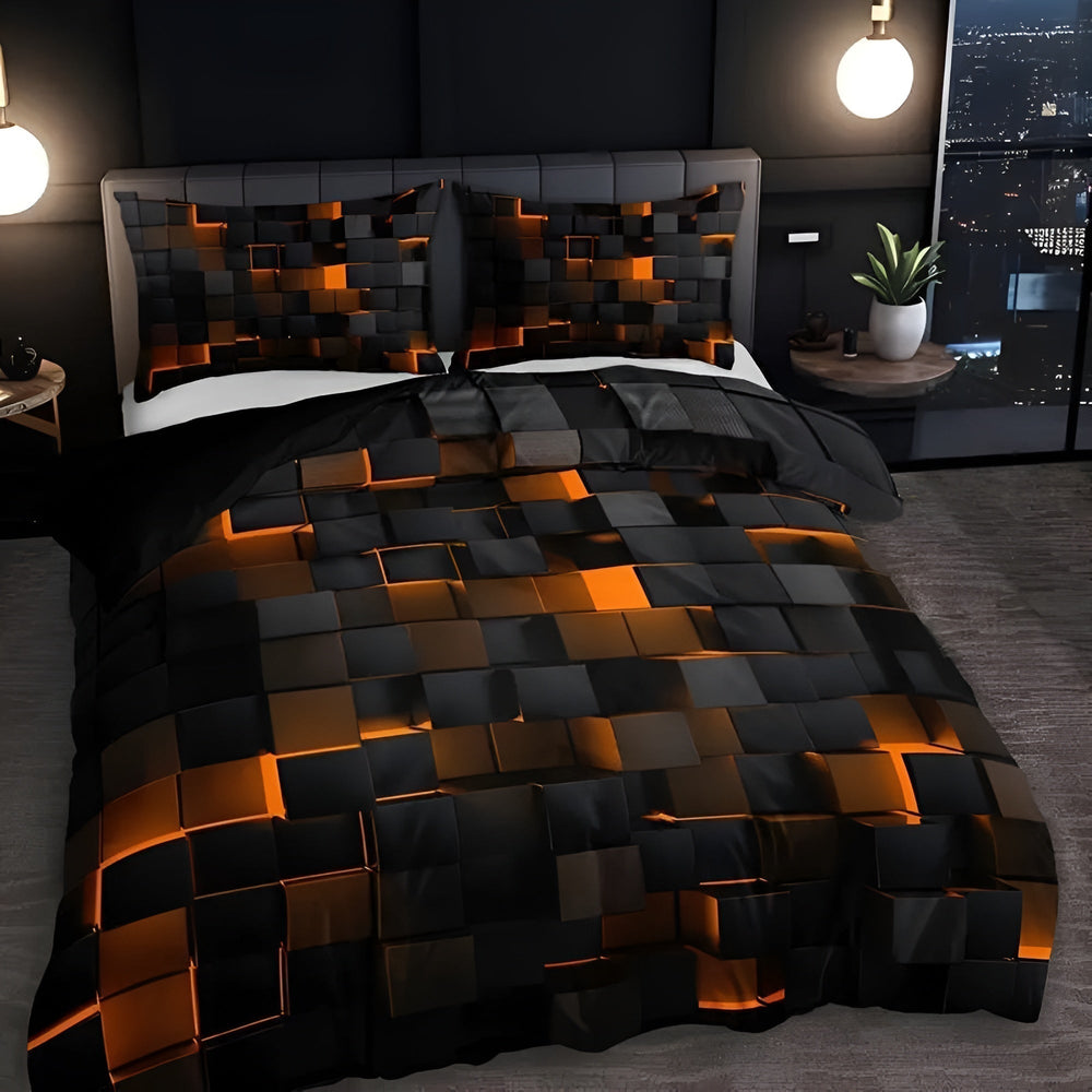 3D Grid Gaming Bedding Set – Microfiber Cotton Blend, Breathable, Multiple Sizes