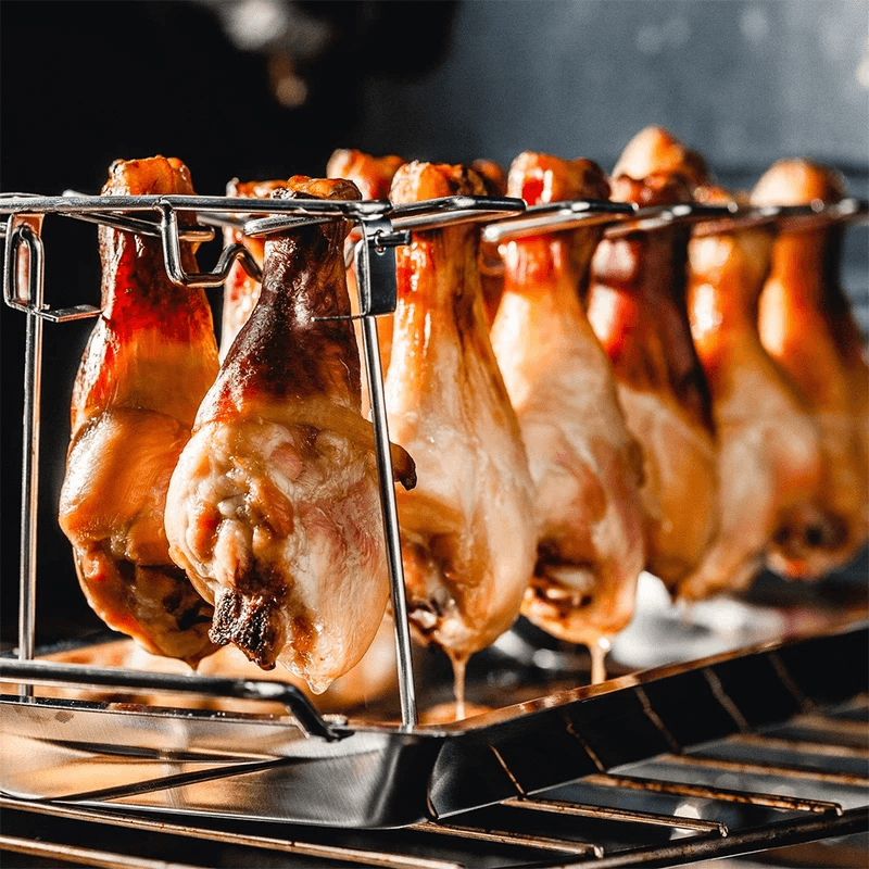 Stainless Steel Chicken Leg Grill Rack – 14 Slots, Drip Pan & Foldable