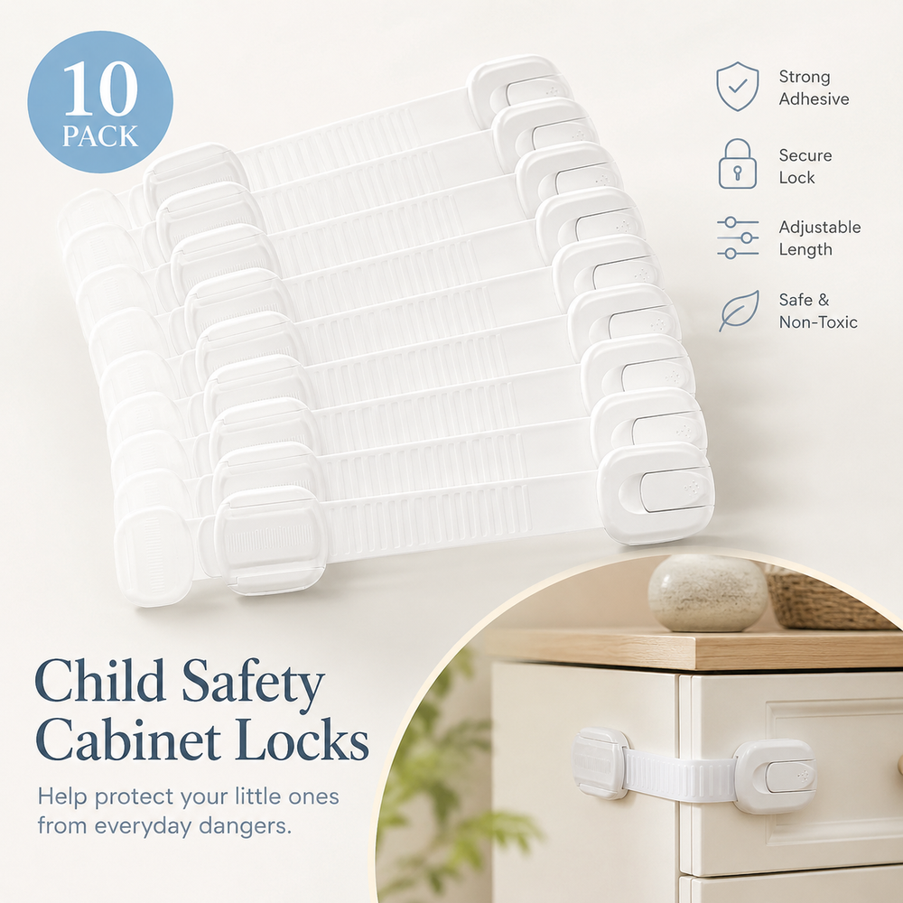 Cabinet Locks – Baby Proof, No-Drill Adhesive Straps & Child Safety