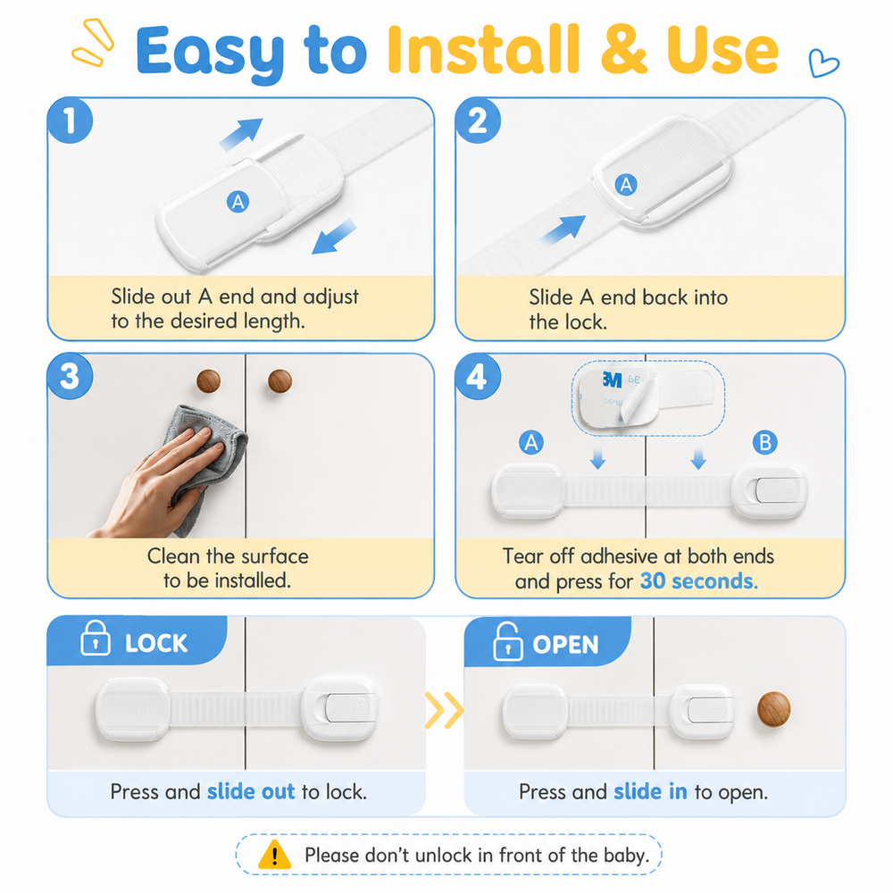 Cabinet Locks – Baby Proof, No-Drill Adhesive Straps & Child Safety