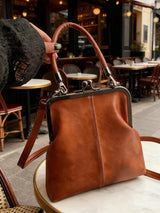 Vintage Kiss-Lock Handbag – Women's, Faux Leather & Detachable Crossbody Strap